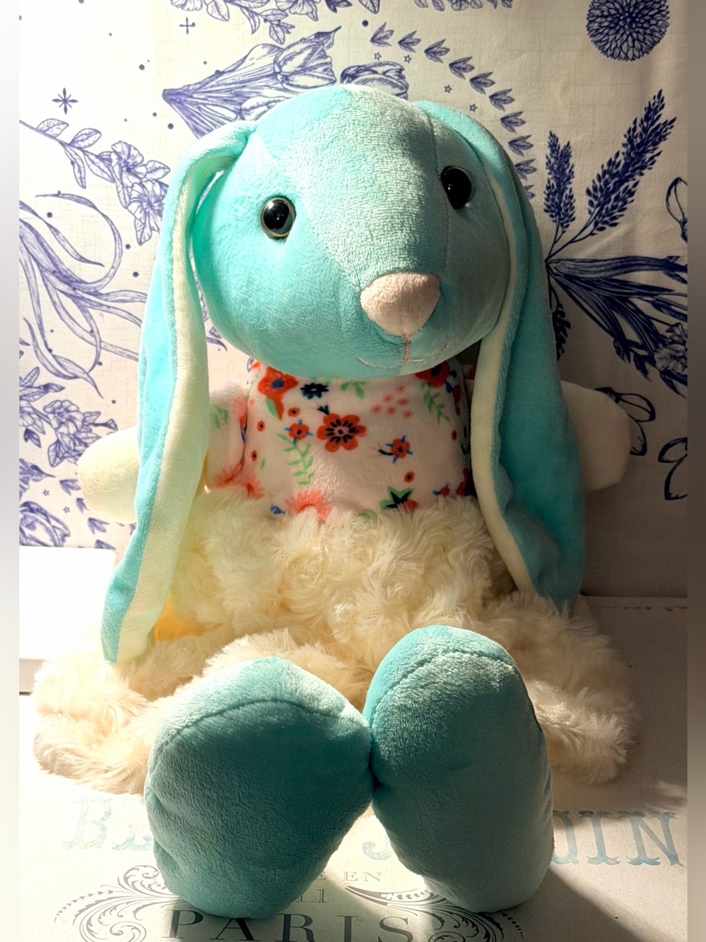 Soft Aqua Bunny Plush Toy with Floral Vest